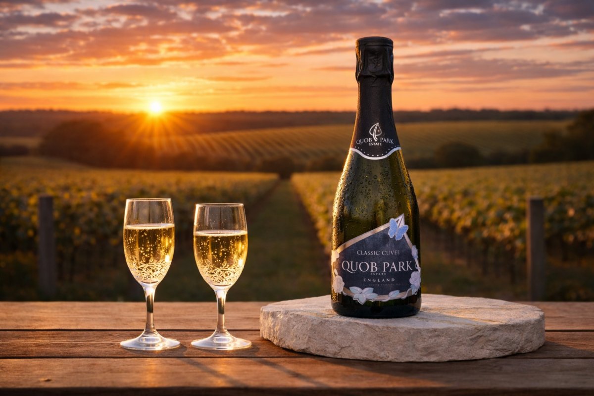 Quob Park Exceptional English Sparking Wine on chalk in front of vineyard